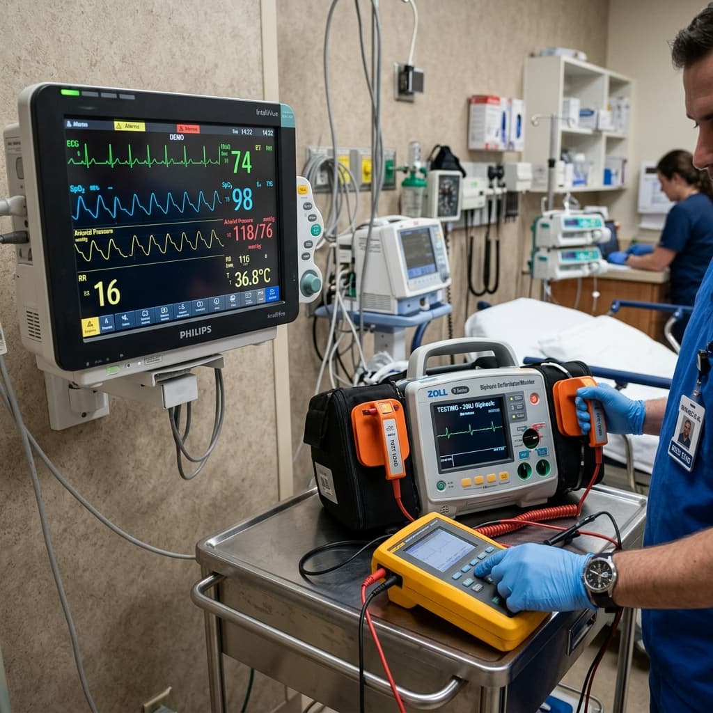 Patient vital signs monitor and biphasic defibrillator calibration by Medwise engineers in Kenya