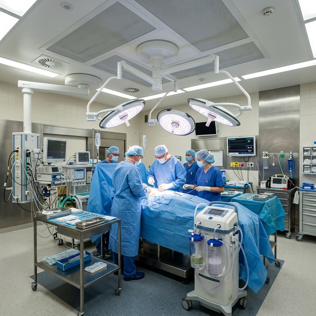 Surgical theatre ceiling LED procedure lights and suction units installed by Medwise biomedical engineers in Kisumu, Kenya