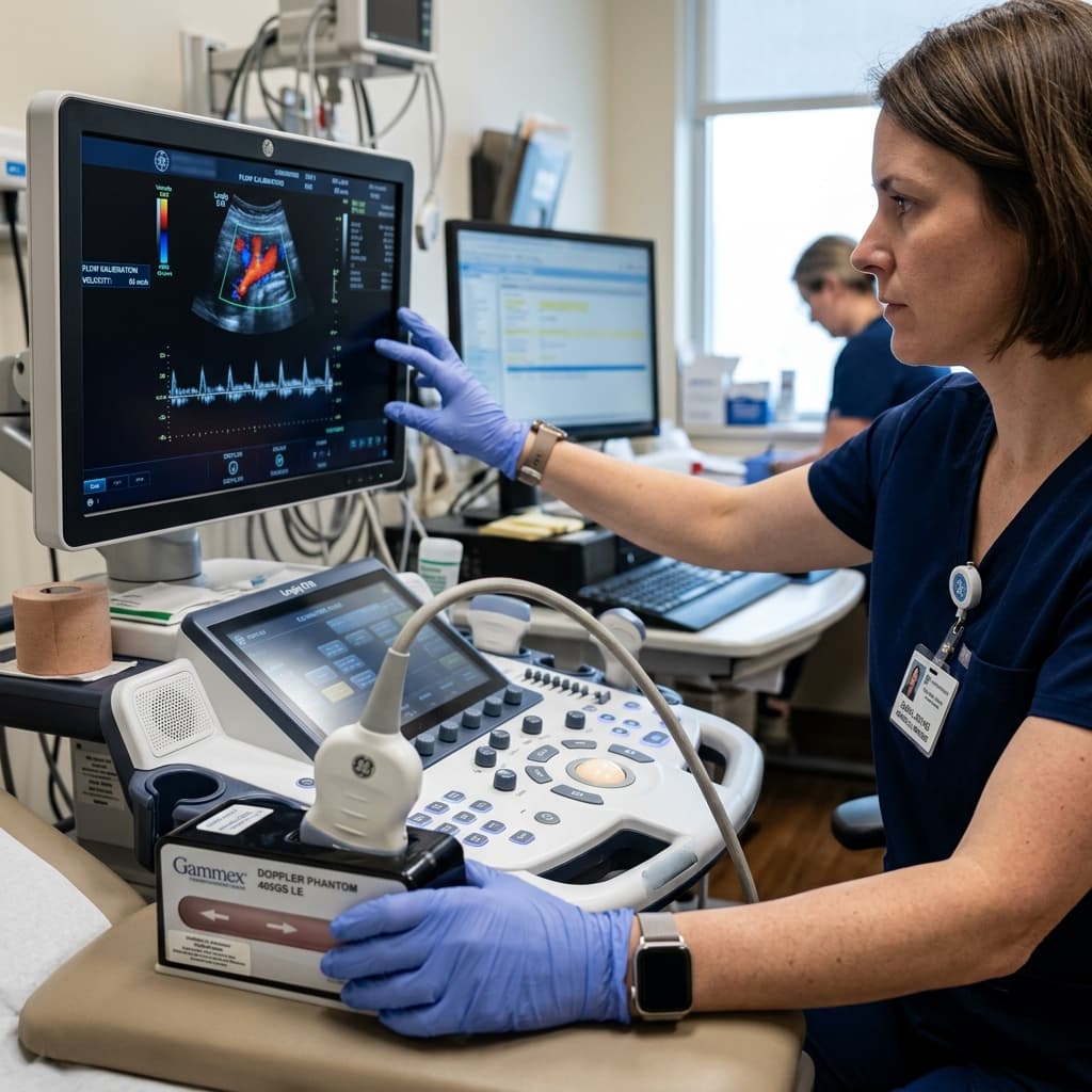 Biomedical engineer calibrating Color Doppler Ultrasound system and transducer probe in Rift Valley Province, Kenya