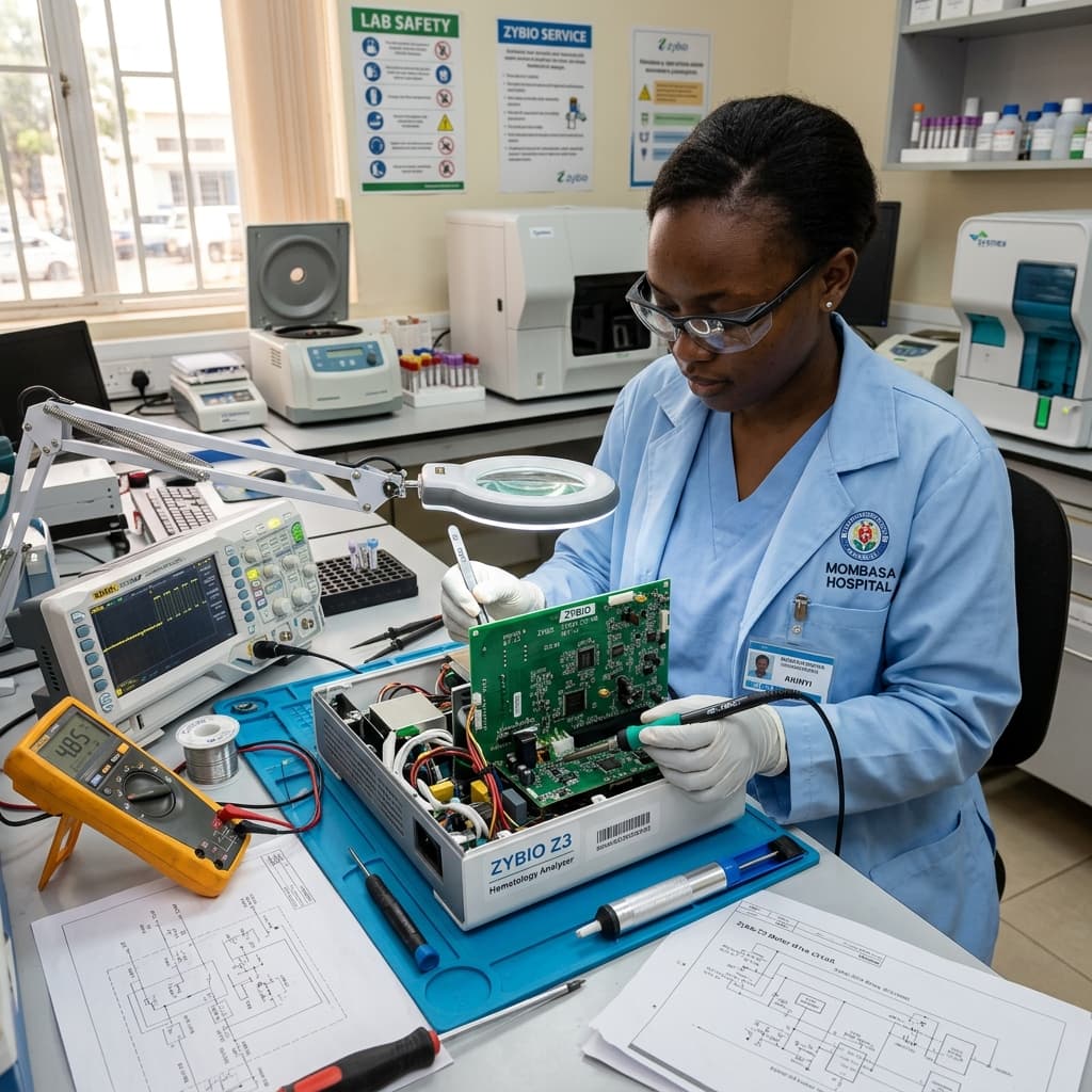 Biomedical technician repairing Zybio Z3 hematology analyzer electronic motor PCB board at Thagana County Medical Center in Sagana, Kenya
