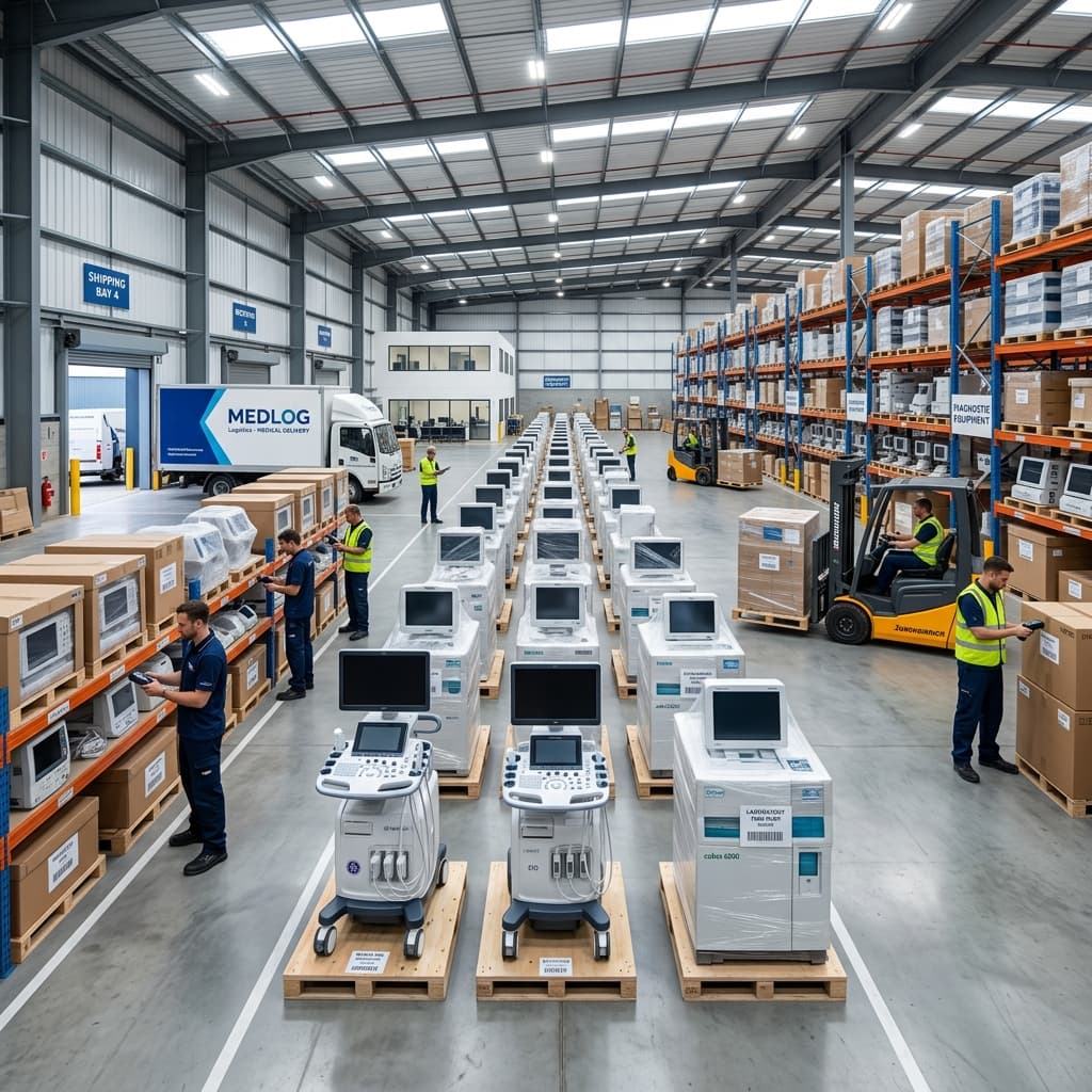 Modern medical equipment warehouse featuring Ultrasound, Patient Monitors, and Laboratory Analyzers ready for hospital procurement