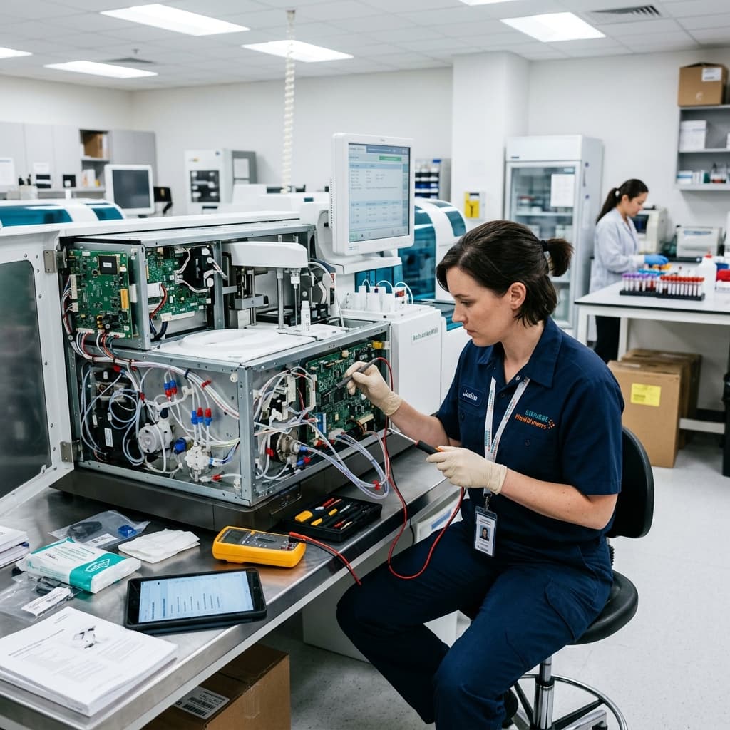 Biomedical service engineer conducting preventive maintenance and Quality Control analysis on clinical analyzer
