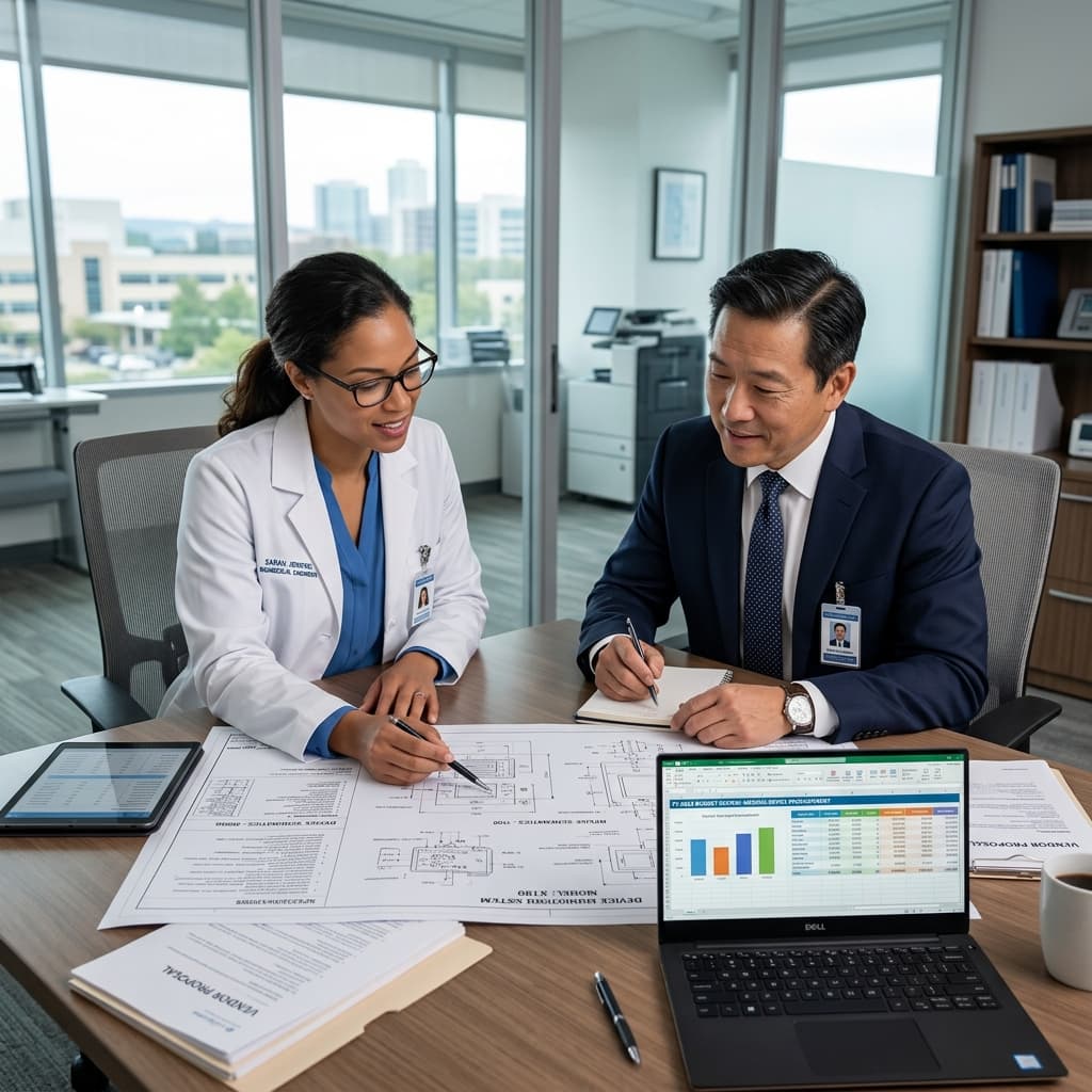 Biomedical engineer and healthcare administrator reviewing medical equipment blueprints and technical specifications