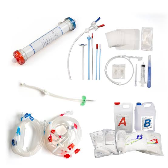 Hemodialysis arterial and venous blood lines, dialyzers, and fistula needles